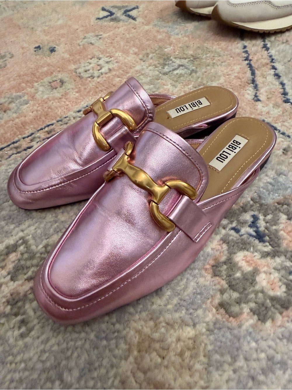 BiBi LOU Pink Metallic Slip-On Loafers with Gold Hardware
